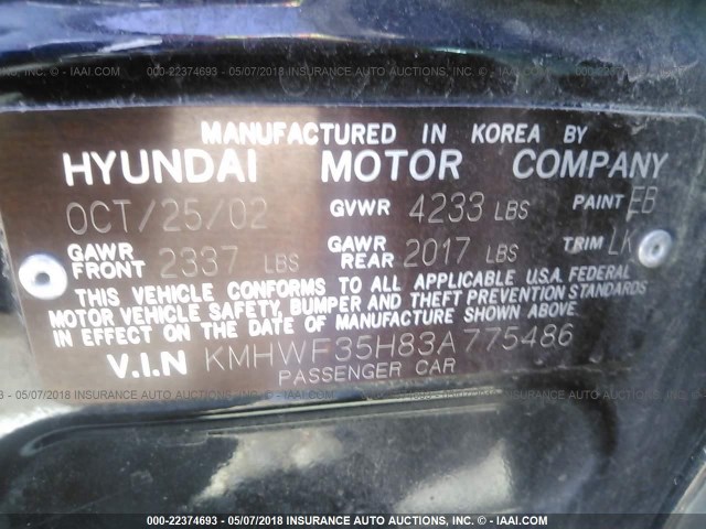 KMHWF35H83A775486 - 2003 HYUNDAI SONATA GLS/LX BLACK photo 9