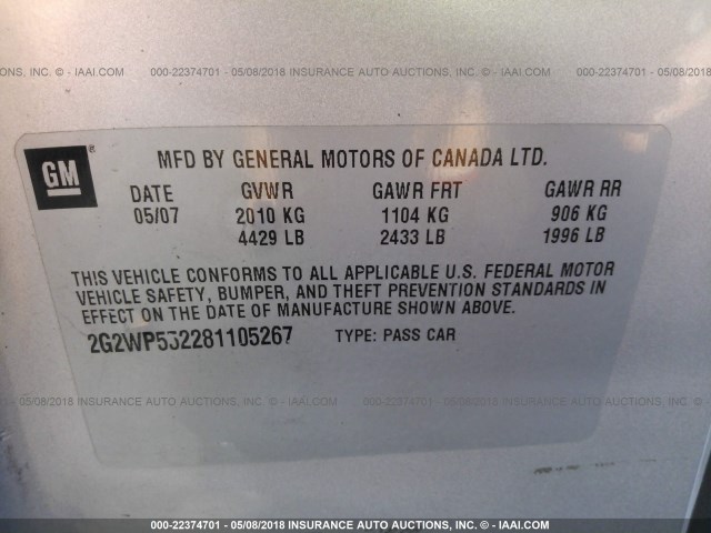 2G2WP552281105267 - 2008 PONTIAC GRAND PRIX ვერცხლისფერი ფოტო 9