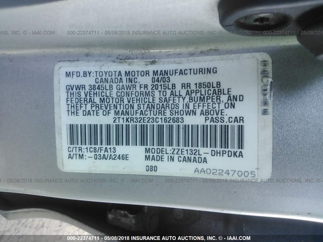 2T1KR32E23C162683 - 2003 TOYOTA COROLLA MATRIX XR SILVER photo 9