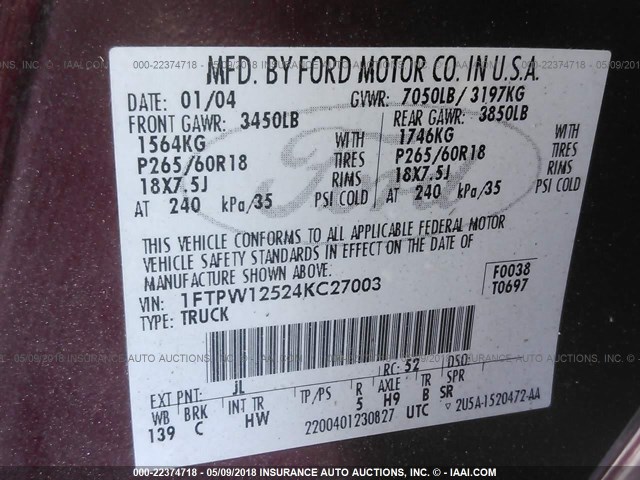 1FTPW12524KC27003 - 2004 FORD F150 SUPERCREW BURGUNDY photo 9