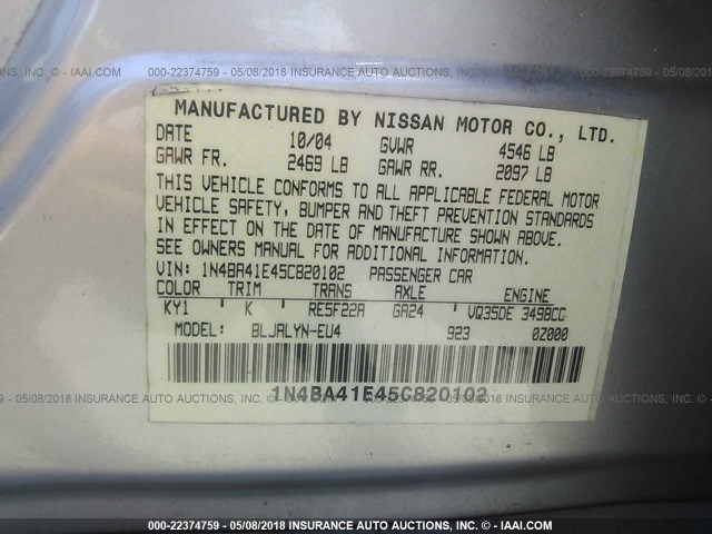 1N4BA41E45C820102 - 2005 NISSAN MAXIMA SE/SL SILVER photo 9