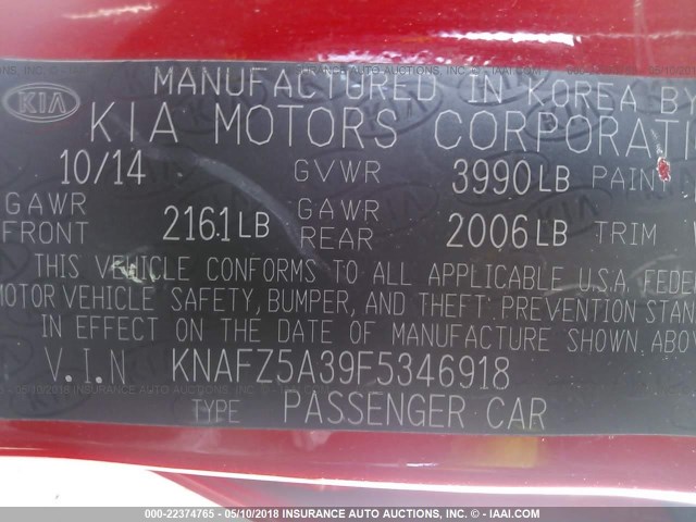 KNAFZ5A39F5346918 - 2015 KIA FORTE SX RED photo 9