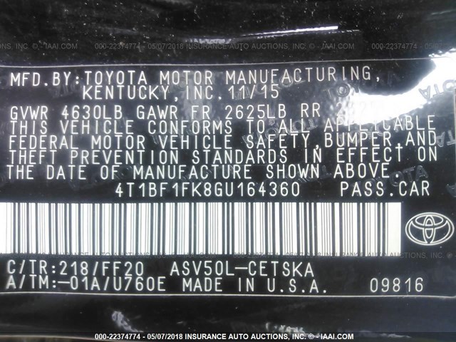 4T1BF1FK8GU164360 - 2016 TOYOTA CAMRY LE/XLE/SE/XSE 黑色 照片 9