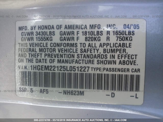 1HGEM22125L051227 - 2005 HONDA CIVIC DX VP Gümüş foto 9