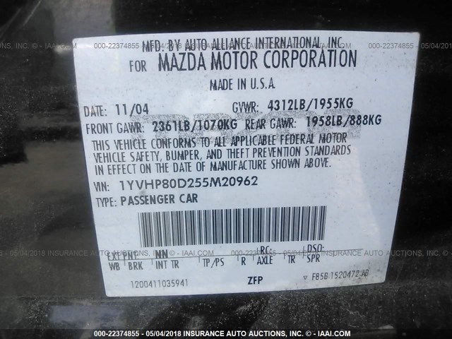 1YVHP80D255M20962 - 2005 MAZDA 6 S BLACK photo 9