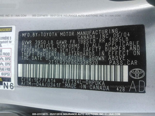 2T1LR32E65C338920 - 2005 TOYOTA COROLLA MATRIX XR SILVER photo 9