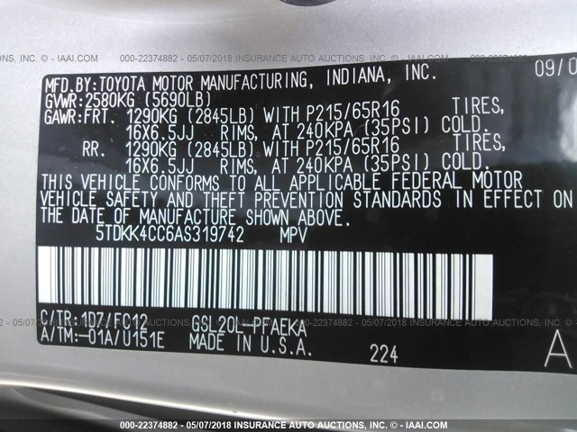 5TDKK4CC6AS319742 - 2010 TOYOTA SIENNA CE/LE SILVER photo 9