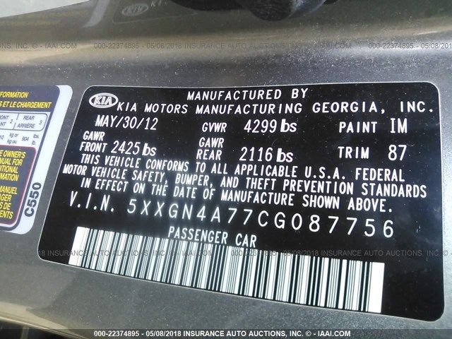 5XXGN4A77CG087756 - 2012 KIA OPTIMA EX GRAY photo 9