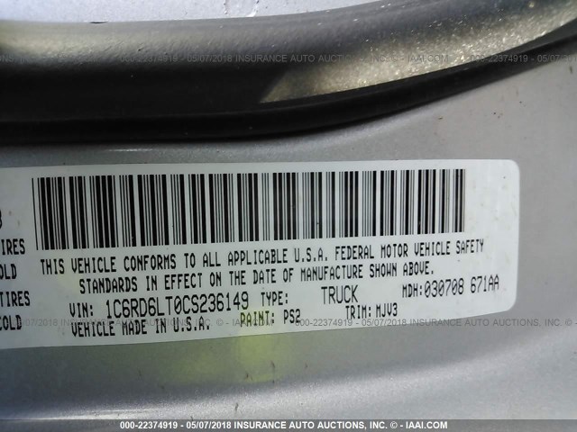 1C6RD6LT0CS236149 - 2012 DODGE RAM 1500 SLT SILVER photo 9