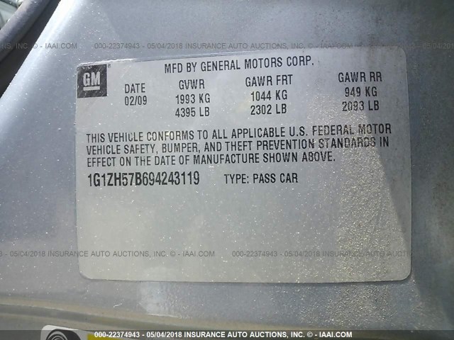 1G1ZH57B694243119 - 2009 CHEVROLET MALIBU 1LT 浅蓝色 照片 9