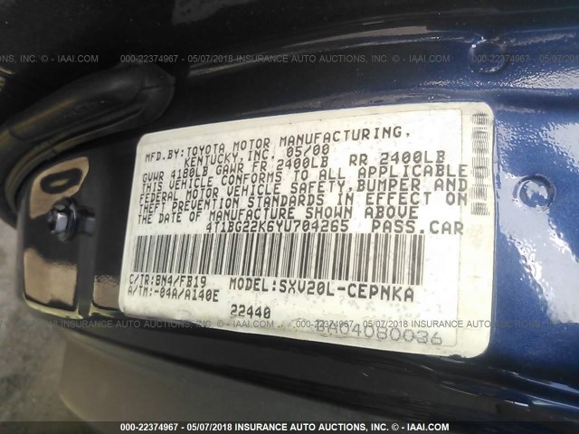 4T1BG22K6YU704265 - 2000 TOYOTA CAMRY CE/LE/XLE 蓝色 照片 9