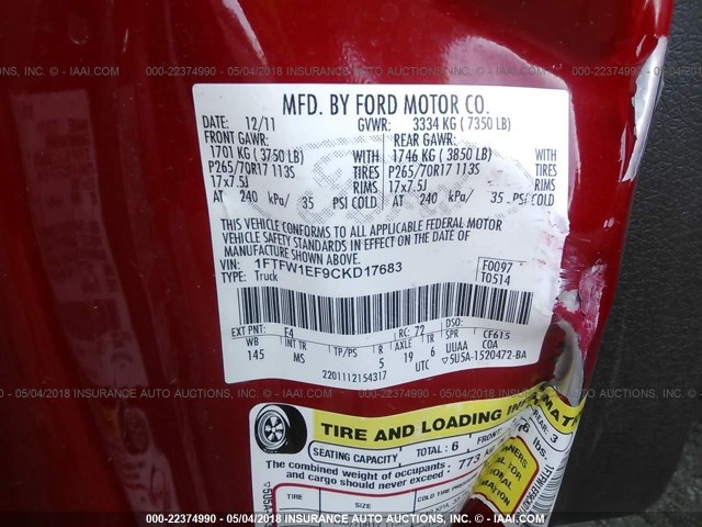 1FTFW1EF9CKD17683 - 2012 FORD F150 SUPERCREW RED photo 9