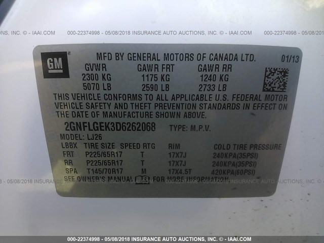 2GNFLGEK3D6262068 - 2013 CHEVROLET EQUINOX LTZ WHITE photo 9