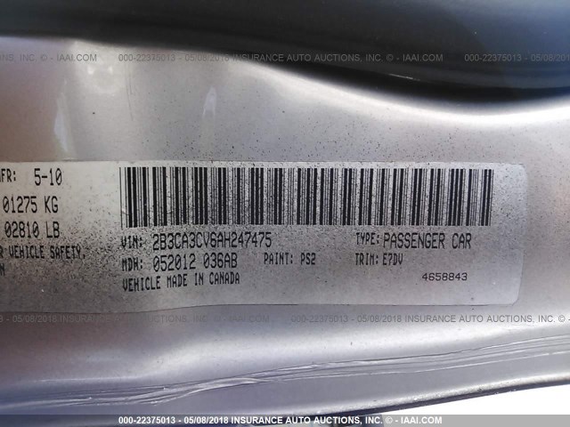 2B3CA3CV6AH247475 - 2010 DODGE CHARGER SXT GRAY photo 9