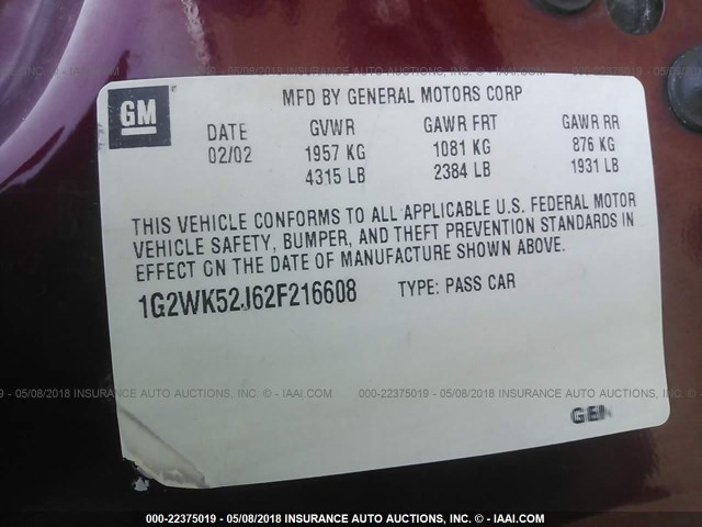 1G2WK52J62F216608 - 2002 PONTIAC GRAND PRIX SE 红色 照片 9