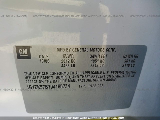 1G1ZK57B794185734 - 2009 CHEVROLET MALIBU LTZ 白色 照片 9