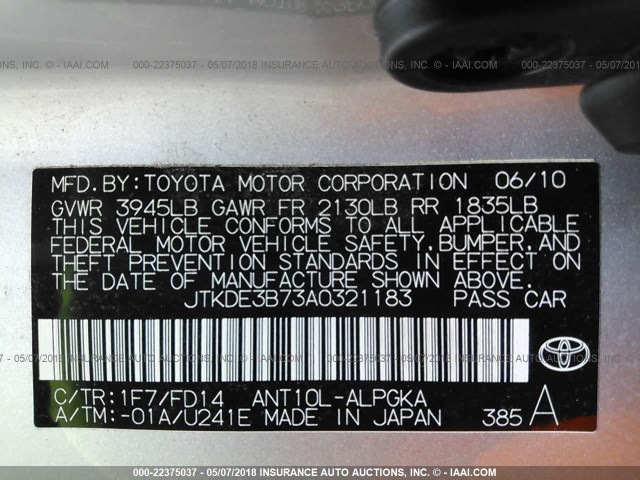 JTKDE3B73A0321183 - 2010 TOYOTA SCION TC 银色 照片 9