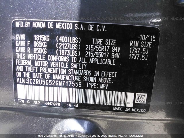 3CZRU5G52GM717558 - 2016 HONDA HR-V EX GRAY photo 9