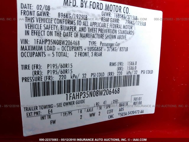 1FAHP35N08W206468 - 2008 FORD FOCUS SE/SEL/SES RED photo 9