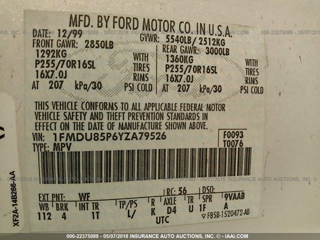 1FMDU85P6YZA79526 - 2000 FORD EXPLORER LIMITED 白色 照片 9