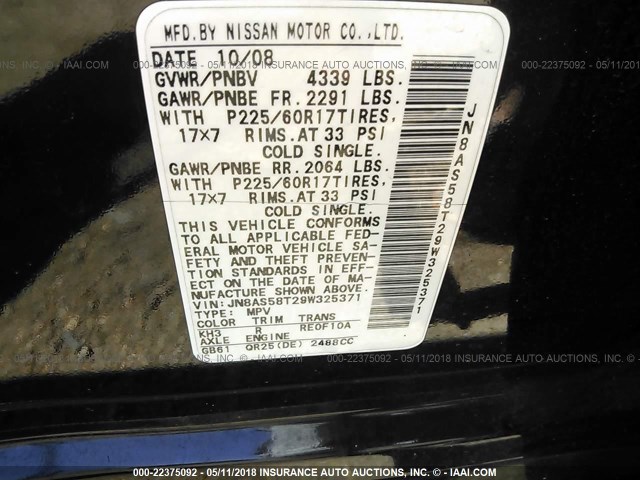 JN8AS58T29W325371 - 2009 NISSAN ROGUE S/SL BLACK photo 9