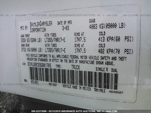 3D7KU28C93G801703 - 2003 DODGE RAM 2500 ST/SLT 白色 照片 9