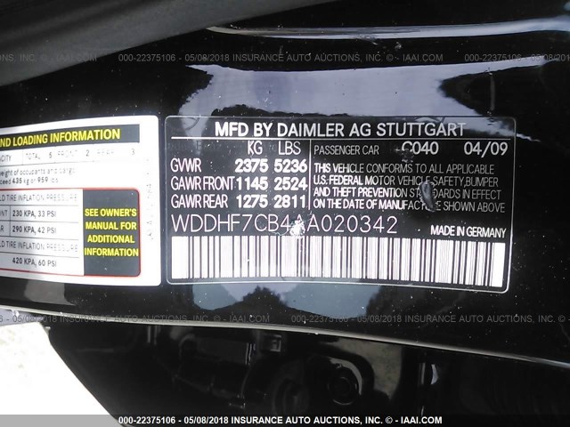 WDDHF7CB4AA020342 - 2010 MERCEDES-BENZ E 550 BLACK photo 9