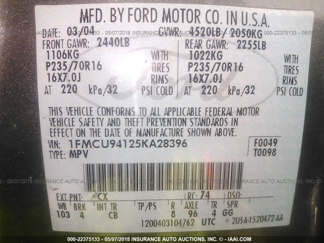 1FMCU94125KA28396 - 2005 FORD ESCAPE LIMITED GRAY photo 9