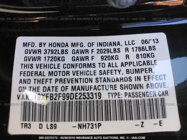 19XFB2F99DE253319 - 2013 HONDA CIVIC EXL BLACK photo 9
