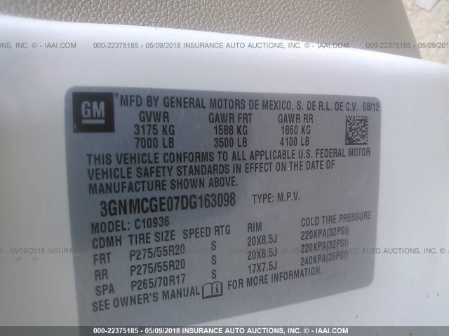 3GNMCGE07DG163098 - 2013 CHEVROLET AVALANCHE LTZ WHITE photo 9