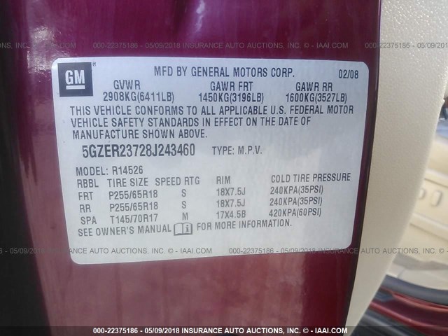 5GZER23728J243460 - 2008 SATURN OUTLOOK XR წითელი ფოტო 9