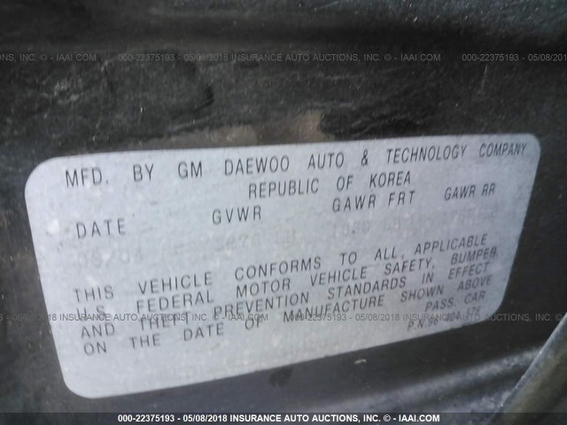 KL1TD62615B310120 - 2005 CHEVROLET AVEO LS GRAY photo 9