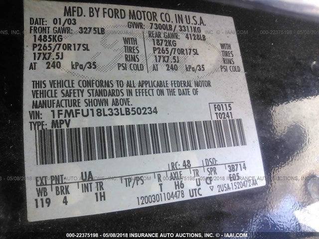 1FMFU18L33LB50234 - 2003 FORD EXPEDITION EDDIE BAUER BLACK photo 9