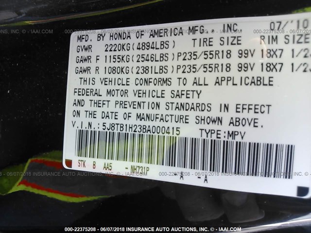 5J8TB1H23BA000415 - 2011 ACURA RDX BLACK photo 9