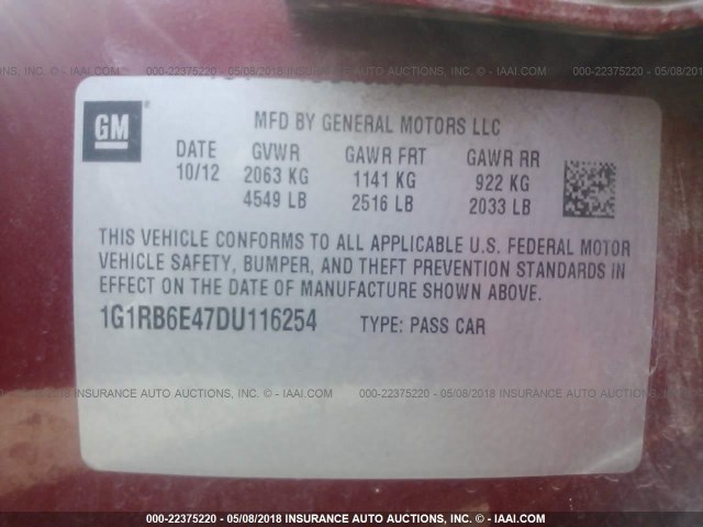 1G1RB6E47DU116254 - 2013 CHEVROLET VOLT RED photo 9