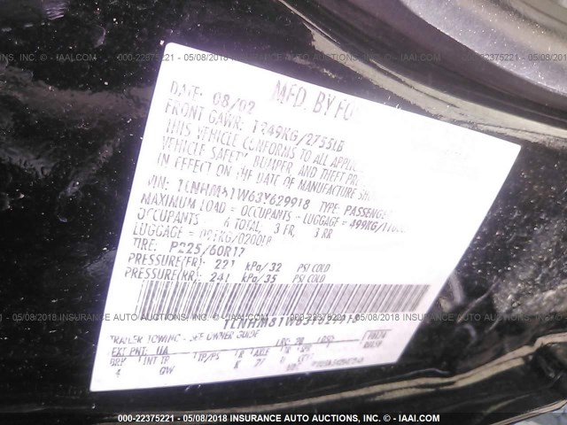 1LNHM81W63Y629918 - 2003 LINCOLN TOWN CAR EXECUTIVE BLACK photo 9