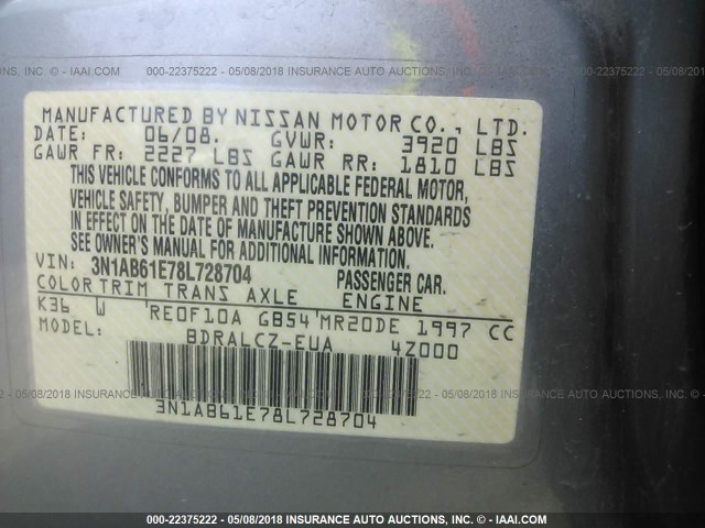 3N1AB61E78L728704 - 2008 NISSAN SENTRA 2.0/2.0S/2.0SL GRAY photo 9