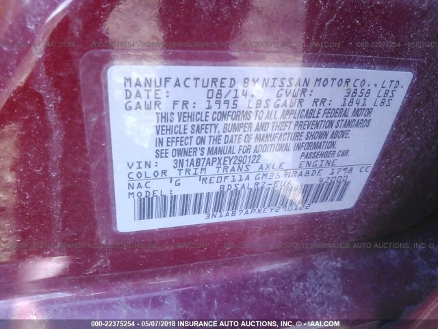 3N1AB7APXEY290122 - 2014 NISSAN SENTRA S/SV/SR/SL RED photo 9