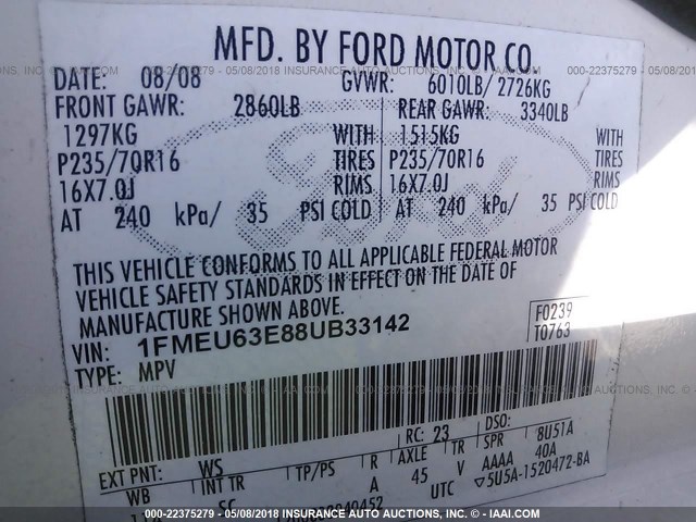 1FMEU63E88UB33142 - 2008 FORD EXPLORER XLT WHITE photo 9