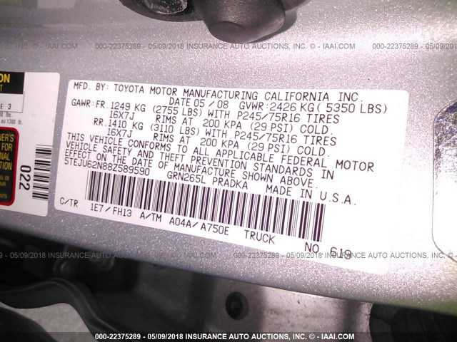 5TEJU62N88Z589590 - 2008 TOYOTA TACOMA DOUBLE CAB PRERUNNER SILVER photo 9