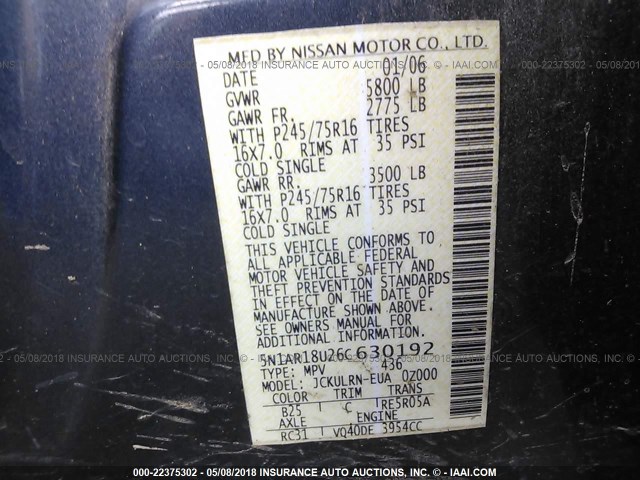 5N1AR18U26C630192 - 2006 NISSAN PATHFINDER LE/SE/XE BLUE photo 9