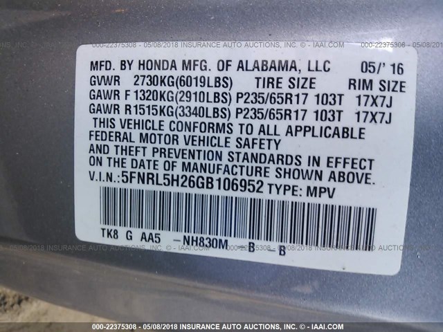 5FNRL5H26GB106952 - 2016 HONDA ODYSSEY LX SILVER photo 9