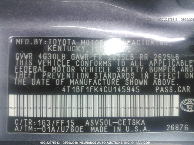 4T1BF1FK4CU145945 - 2012 TOYOTA CAMRY SE/LE/XLE GRAY photo 9