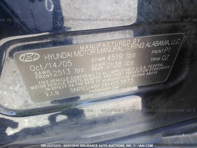 5NPEU46F26H053873 - 2006 HYUNDAI SONATA GLS/LX BLUE photo 9