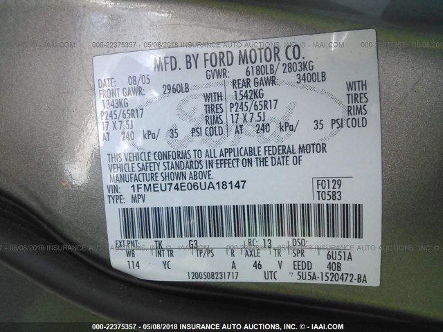 1FMEU74E06UA18147 - 2006 FORD EXPLORER EDDIE BAUER GRAY photo 9