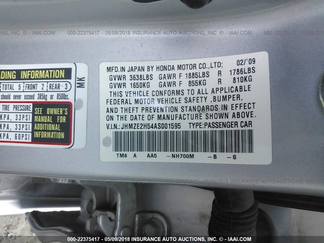 JHMZE2H54AS001595 - 2010 HONDA INSIGHT LX SILVER photo 9