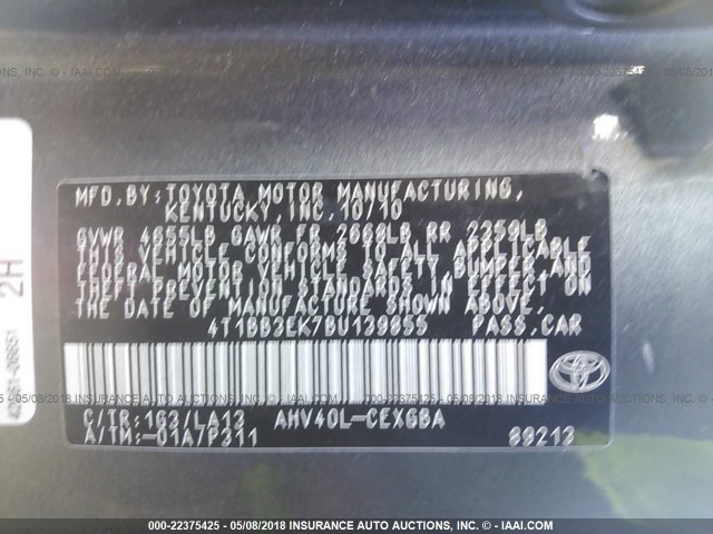 4T1BB3EK7BU139855 - 2011 TOYOTA CAMRY HYBRID GRAY photo 9