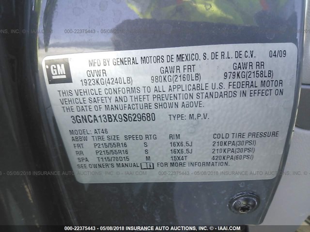 3GNCA13BX9S629680 - 2009 CHEVROLET HHR LS GRAY photo 9