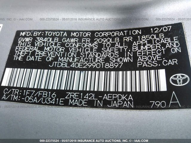 JTDBL40E299018897 - 2009 TOYOTA COROLLA LE/XLE SILVER photo 9