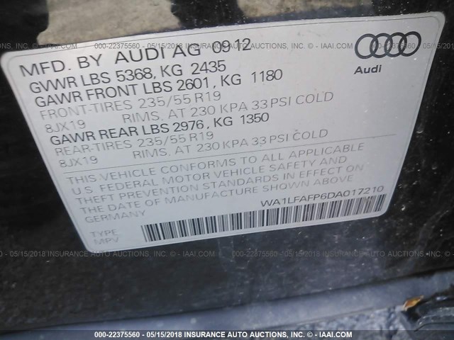 WA1LFAFP6DA017210 - 2013 AUDI Q5 PREMIUM PLUS BLACK photo 9